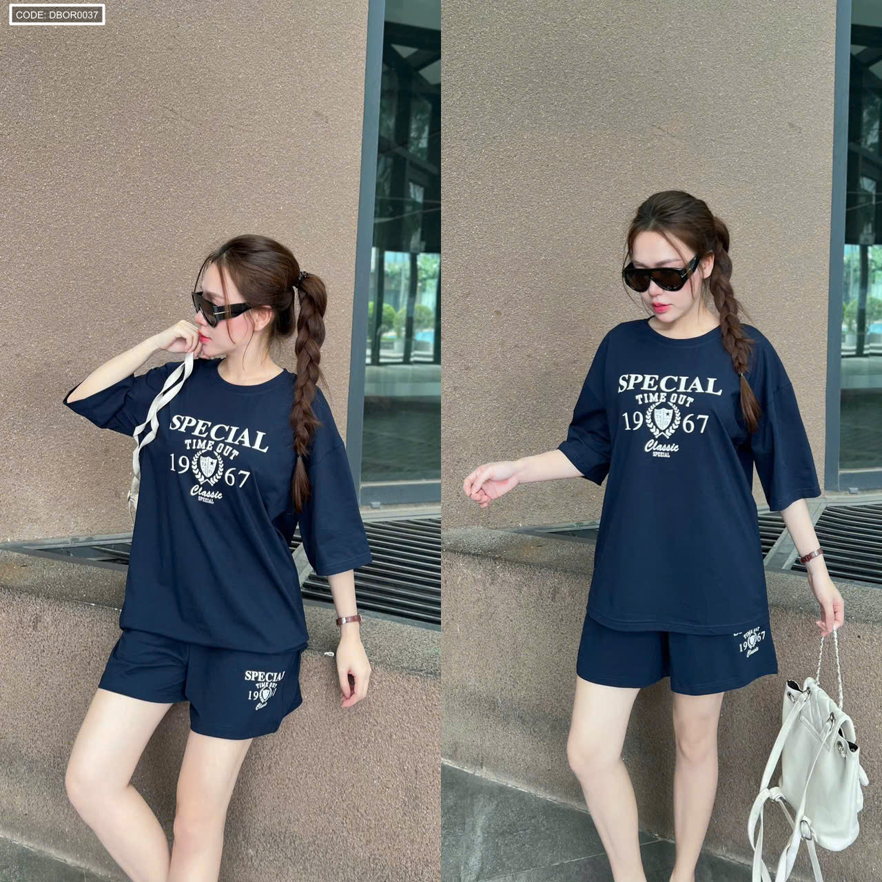 Set màu xanh navy khi mặc lên dáng gọn gàng, trẻ trung.