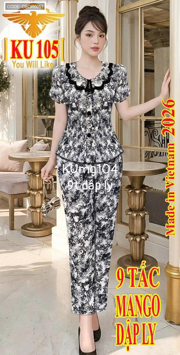 Đồ bộ nữ mặc nhà tay ngắn áo dập ly quần 9 tấc KUmg104 freesize 40-55kg