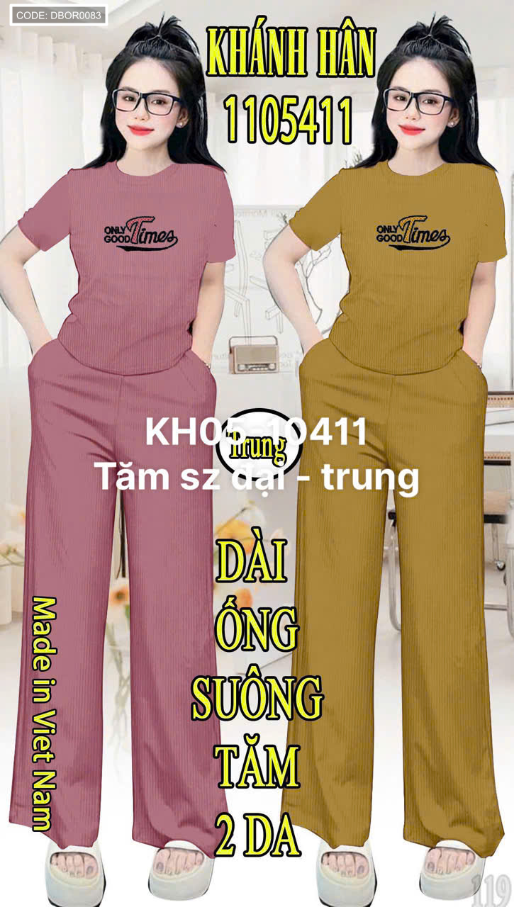 Đồ bộ nữ tay ngắn quần dài ống suông KH05-10411 vải tăm size trung - đại