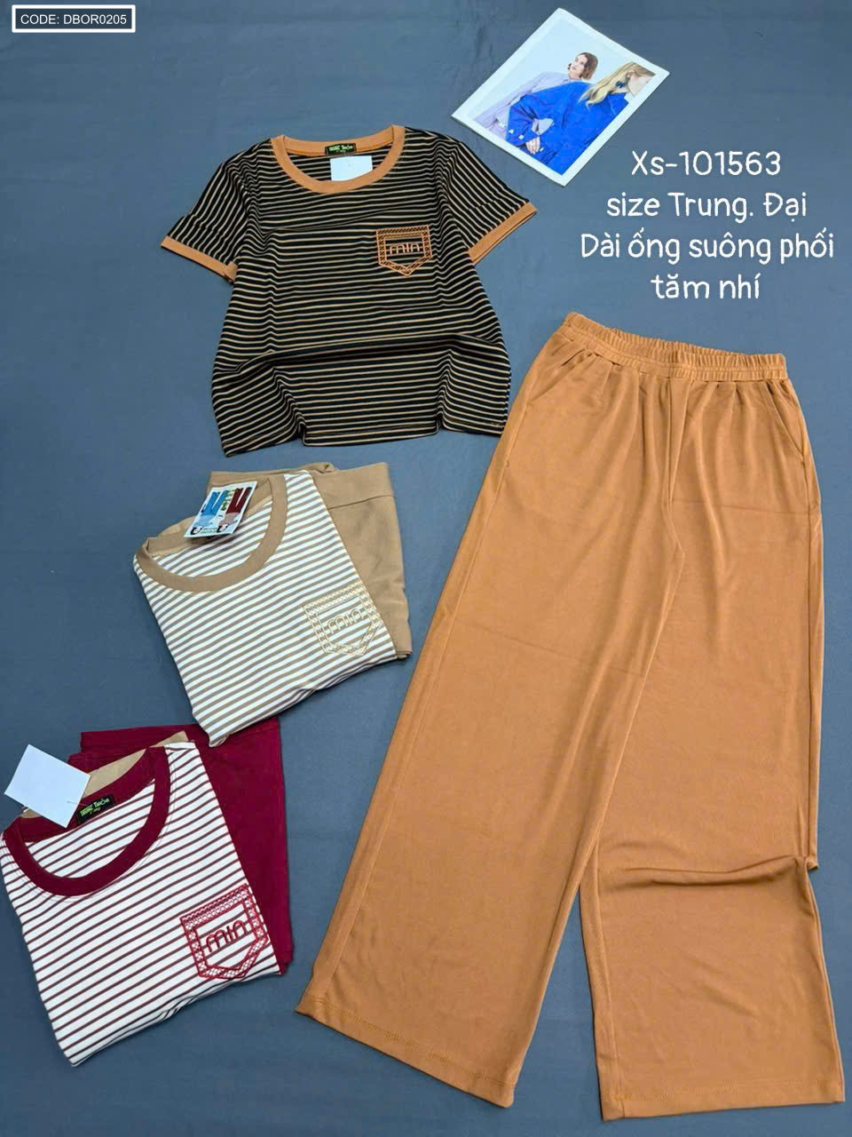 Set áo tay ngắn sọc phối quần dài ống suông