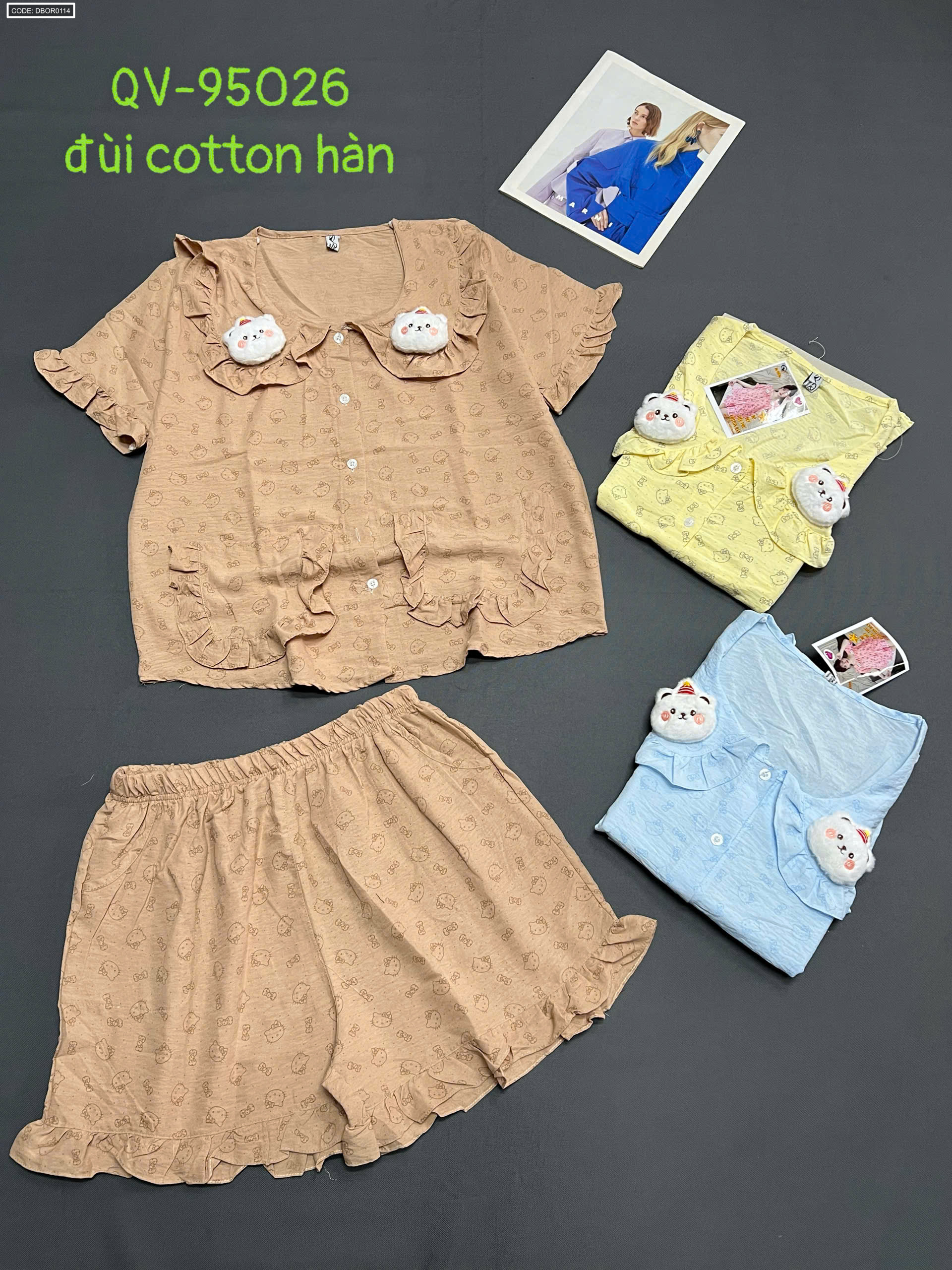 Đồ bộ nữ tay ngắn quần đùi cotton Hàn không co giãn freesize 45-58kg QV-95026