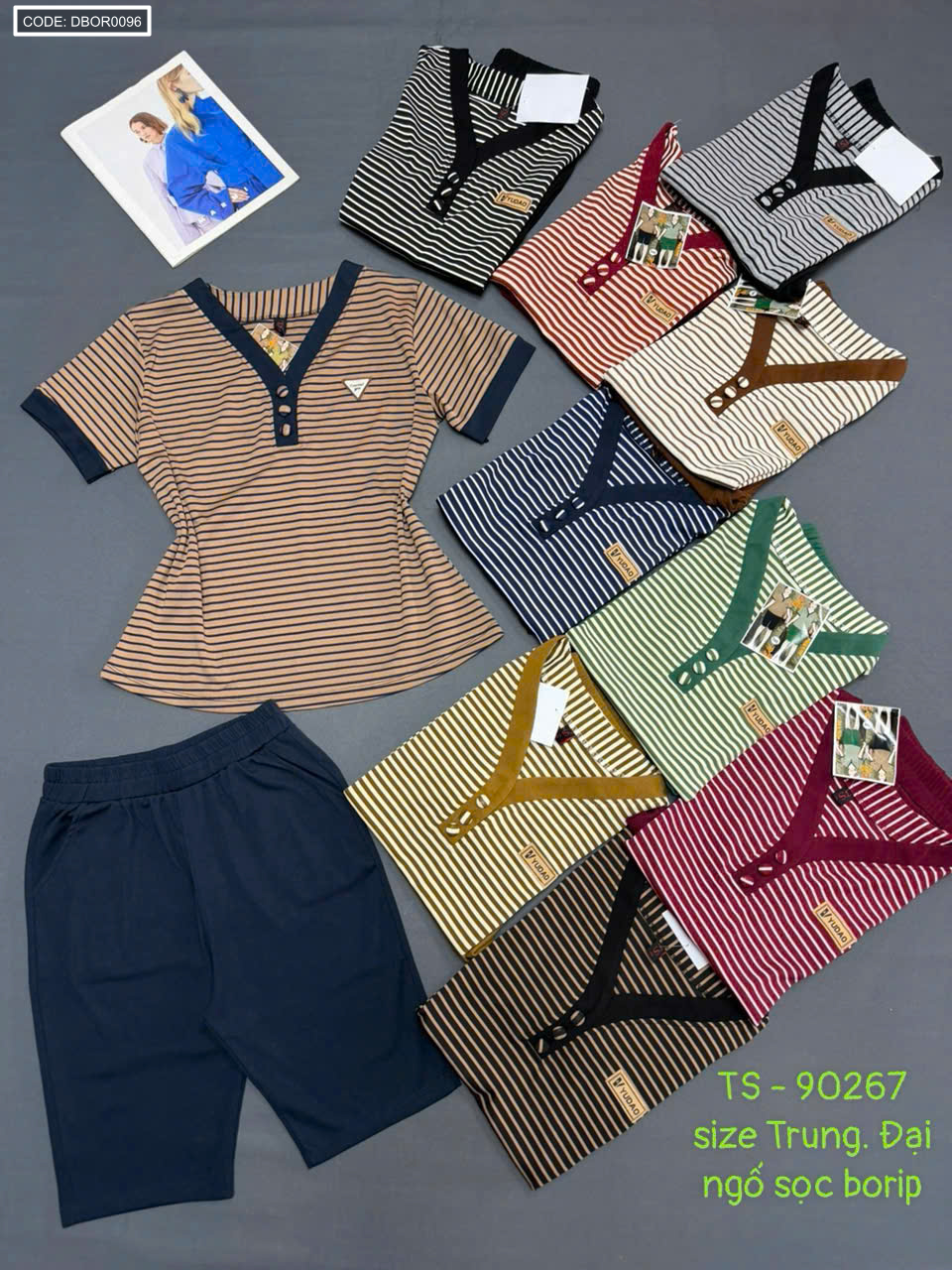 Tổng thể set áo sọc phối cổ V cài nút và quần lửng trơn, nhiều màu lựa chọn