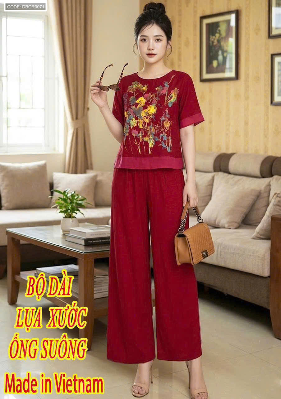 Đồ bộ nữ mặc nhà tay ngắn quần ống rộng in hoa tơ xước