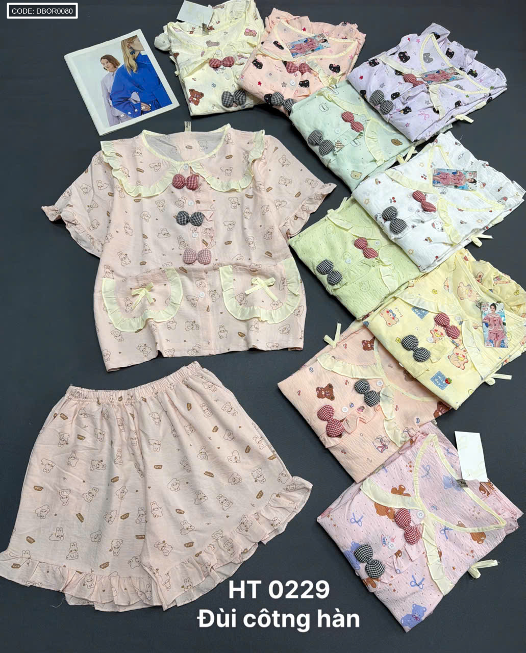 Đồ bộ nữ tiểu thư cổ bèo quần đùi HT 0229 cotton hàn