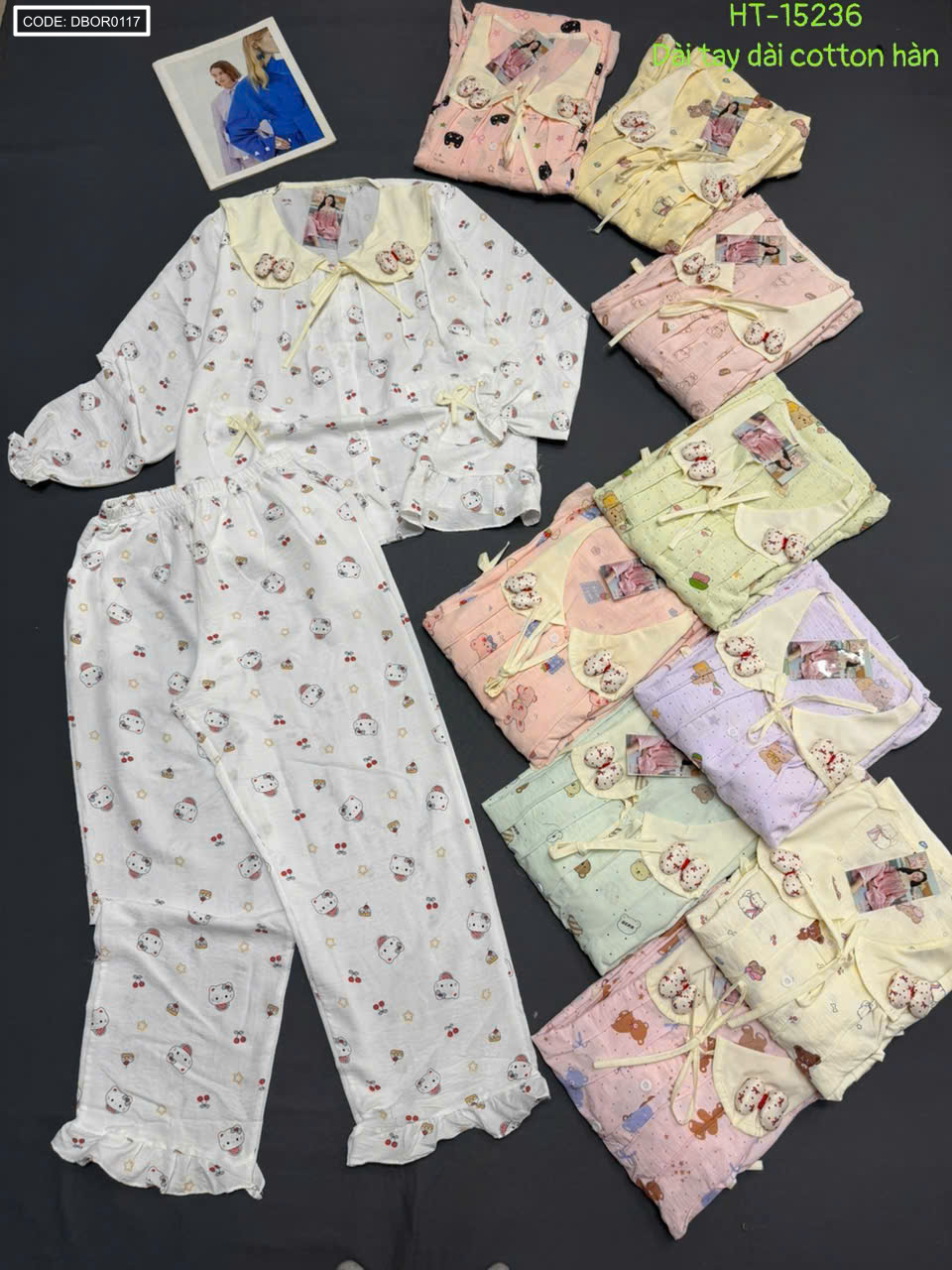 Đồ bộ nữ tiểu thư tay dài cotton hàn không giãn HT-15236 (freesize 45-58kg)