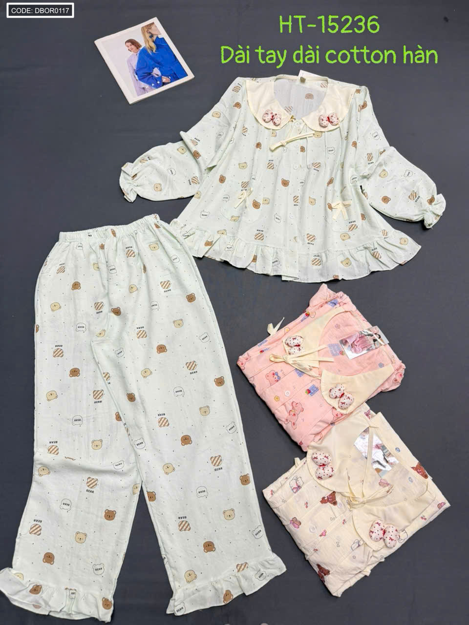 Đồ bộ nữ tiểu thư tay dài cotton hàn không giãn HT-15236 (freesize 45-58kg)