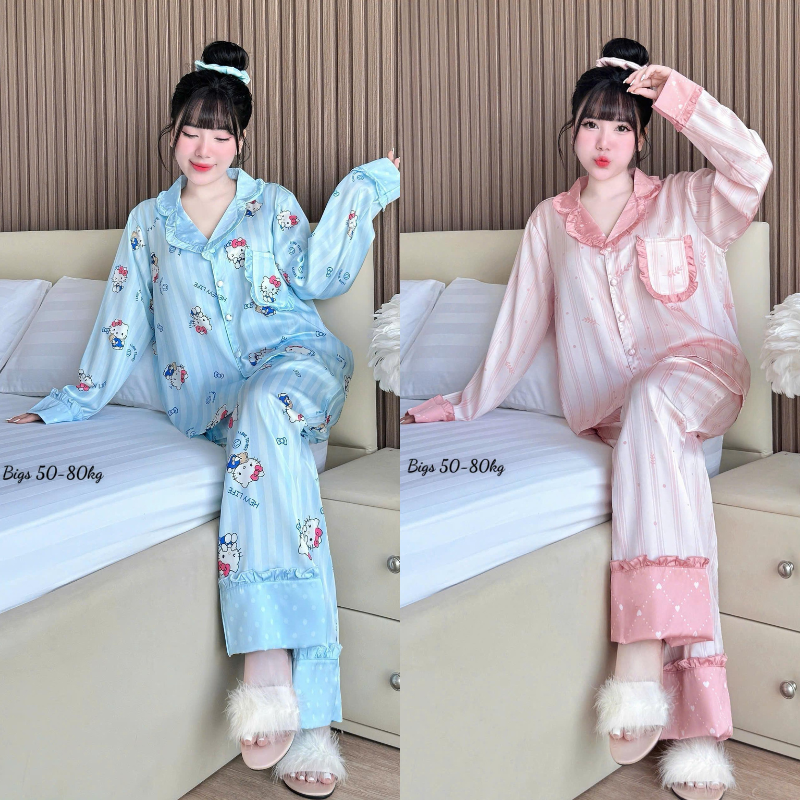 Hai phối màu xanh và hồng với dáng áo cài nút quần dài đồng bộ