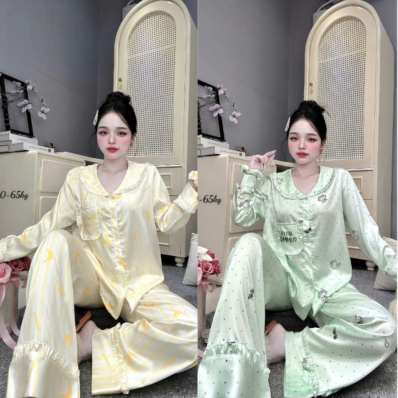 Đồ Bộ Pijama Nữ Tay Dài Quần Dài Viền Bèo Họa Tiết Nhí Size 40-65kg