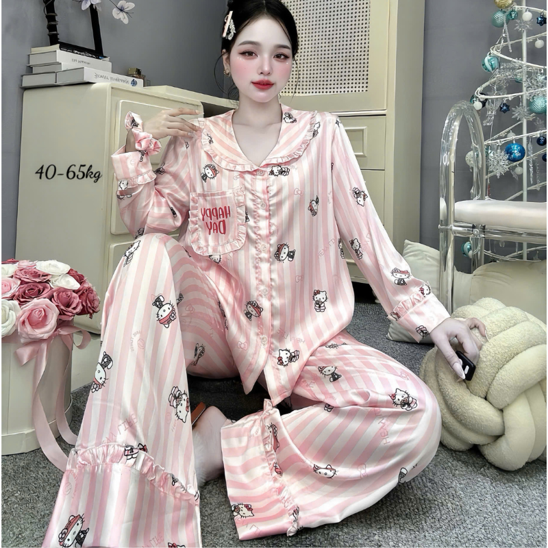 Đồ Bộ Pijama Nữ Tay Dài Quần Dài Viền Bèo Họa Tiết Nhí Size 40-65kg