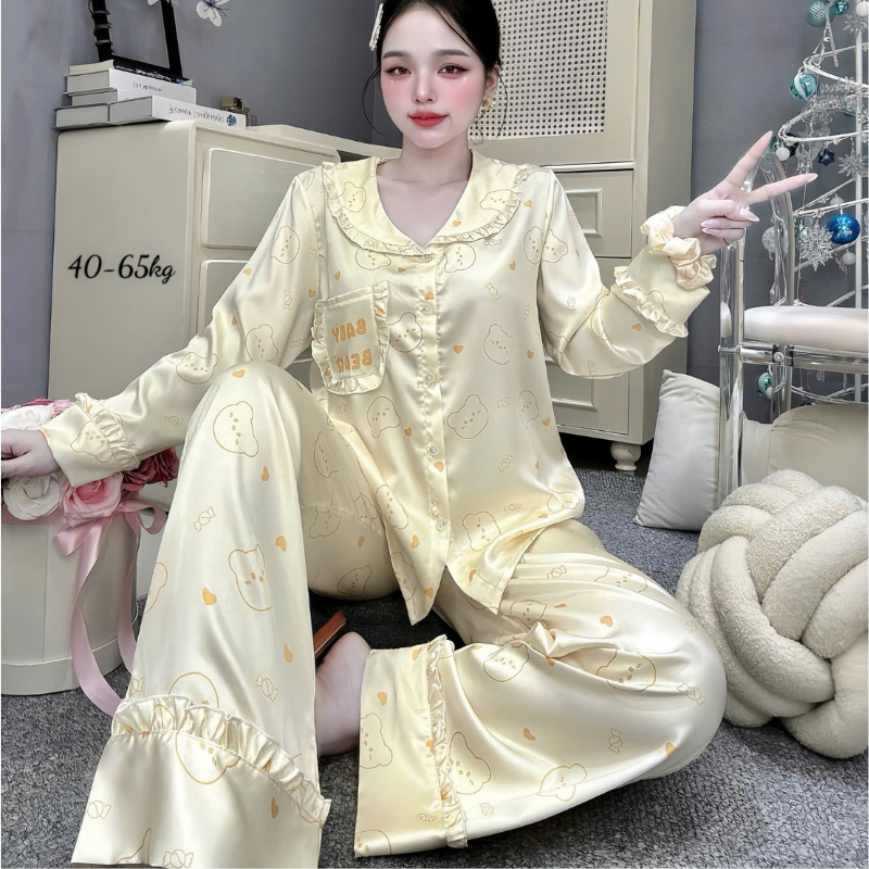 Đồ Bộ Pijama Nữ Tay Dài Quần Dài Viền Bèo Họa Tiết Nhí Size 40-65kg