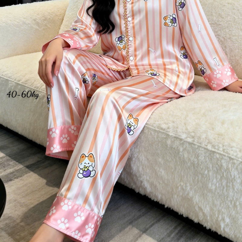 Đồ Bộ Pijama Nữ Tay Dài Quần Dài Viền Ren Họa Tiết Size Thường 40-60kg