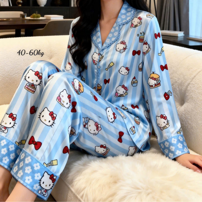 Đồ Bộ Pijama Nữ Tay Dài Quần Dài Viền Ren Họa Tiết Size Thường 40-60kg