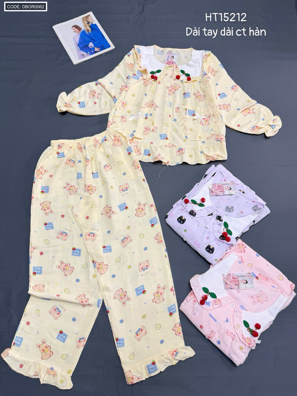 Đồ bộ nữ tay dài quần dài cổ bẻ cotton hàn freesize 40-55kg