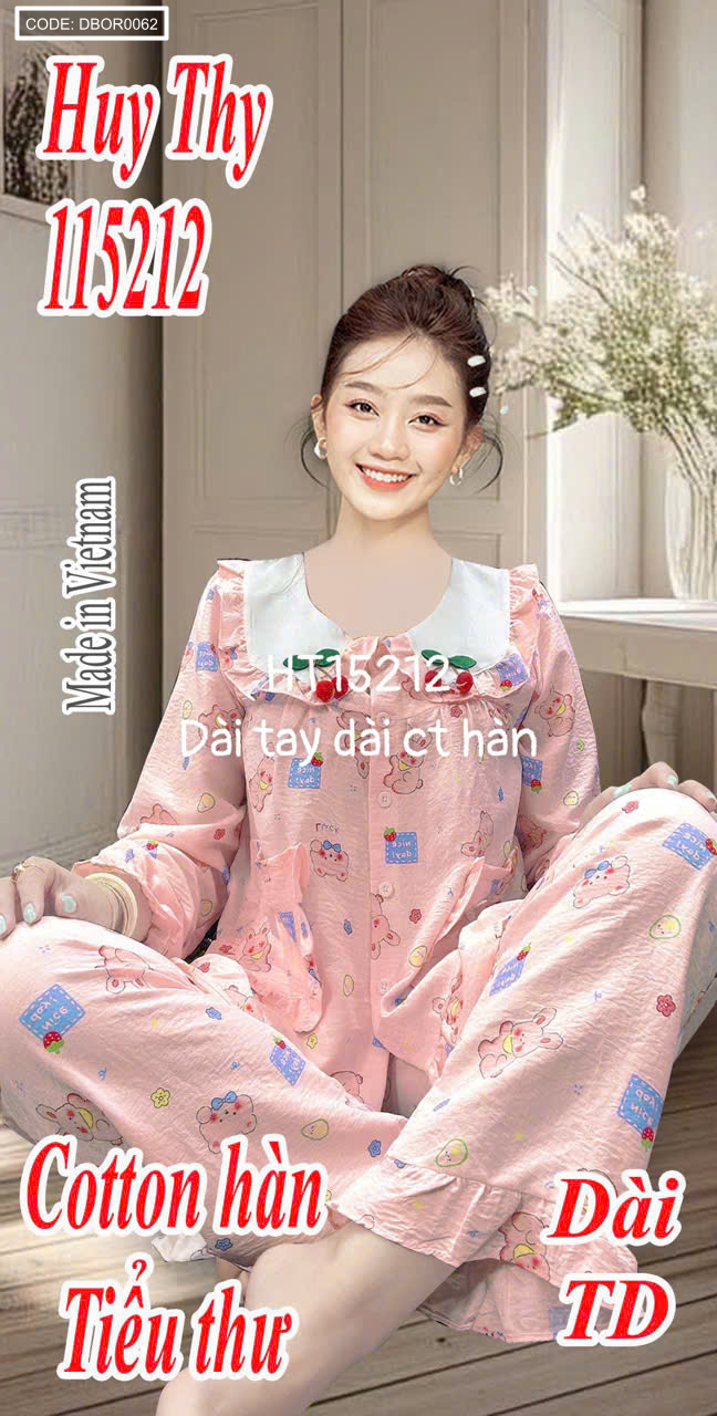 Đồ bộ nữ tay dài quần dài cổ bẻ cotton hàn freesize 40-55kg