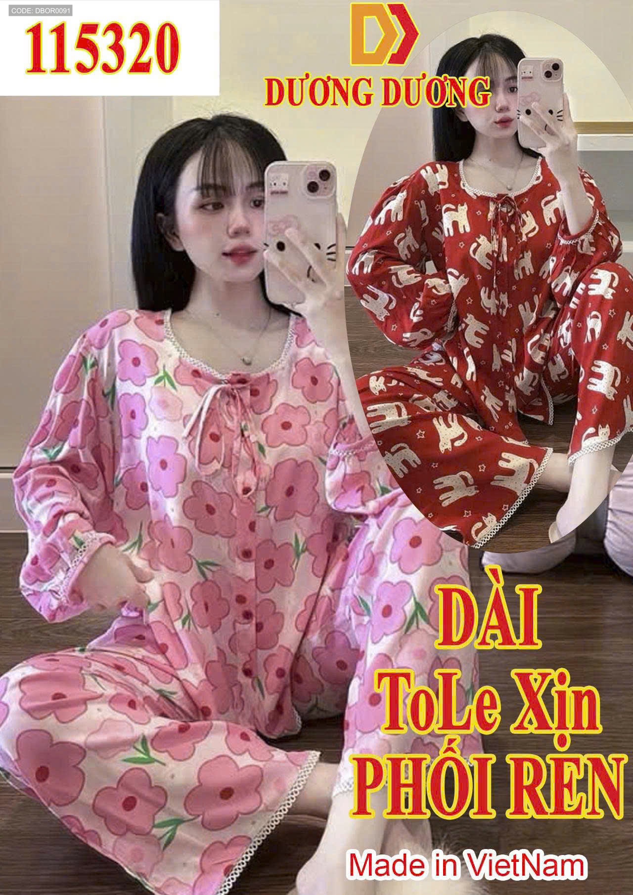 Mẫu mặc thực tế với thiết kế tay dài quần dài và chi tiết ren viền