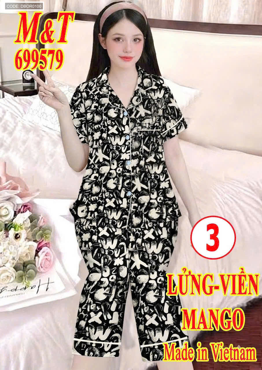 Mẫu mặc thực tế với áo cổ bẻ phối viền và quần lửng đồng bộ