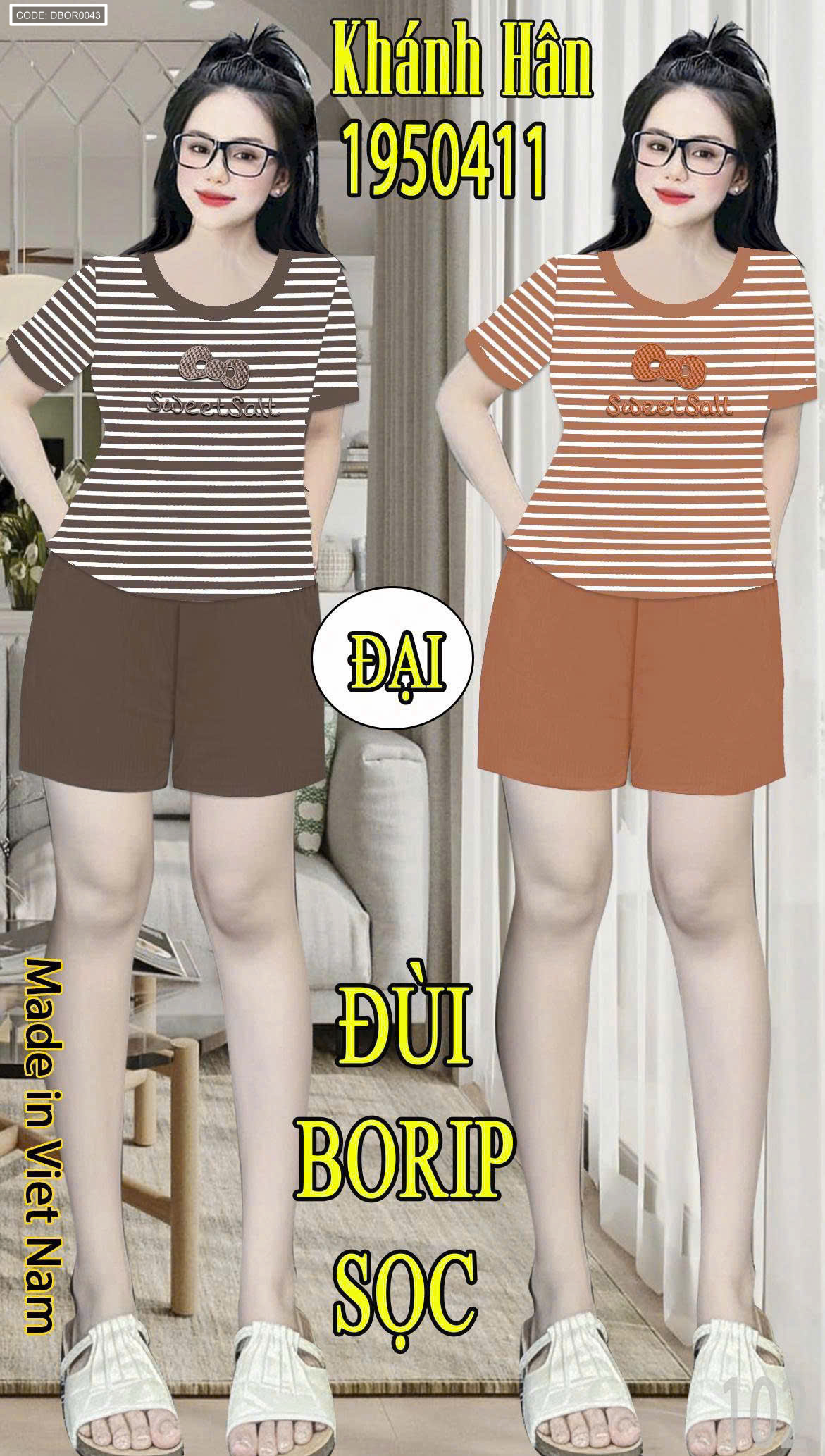 Đồ bộ nữ tay ngắn quần đùi thun Borip sọc KH-95041 size Đại (55-65kg)