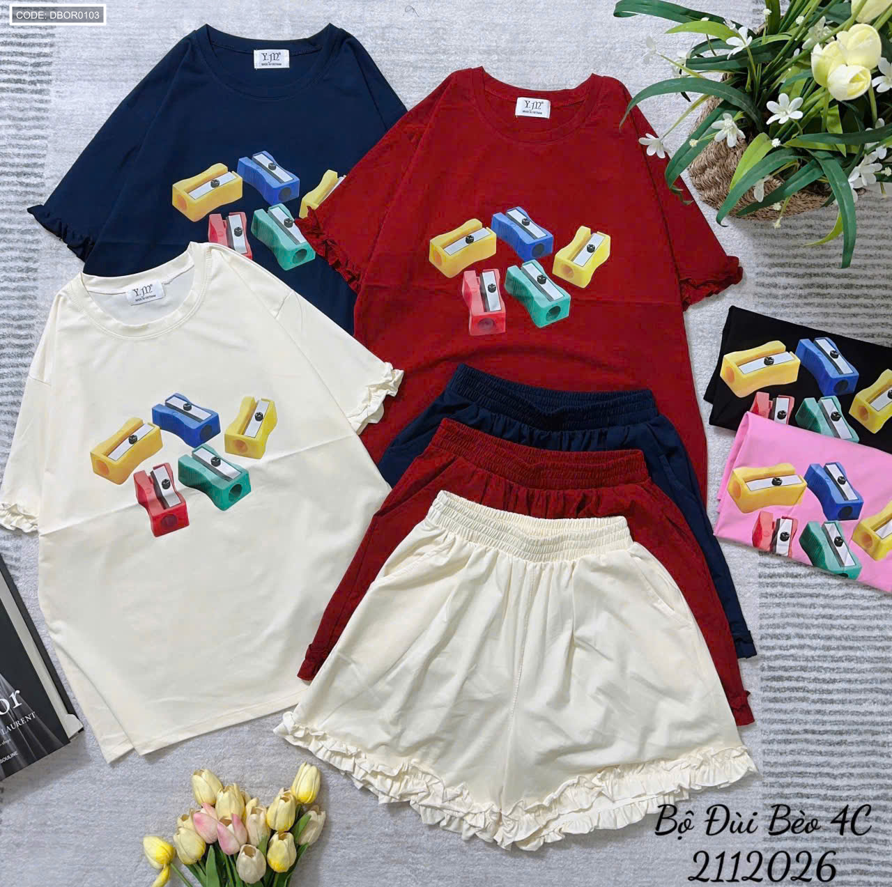 Đồ bộ thun nữ áo tay ngắn quần đùi bèo cotton 4 chiều
