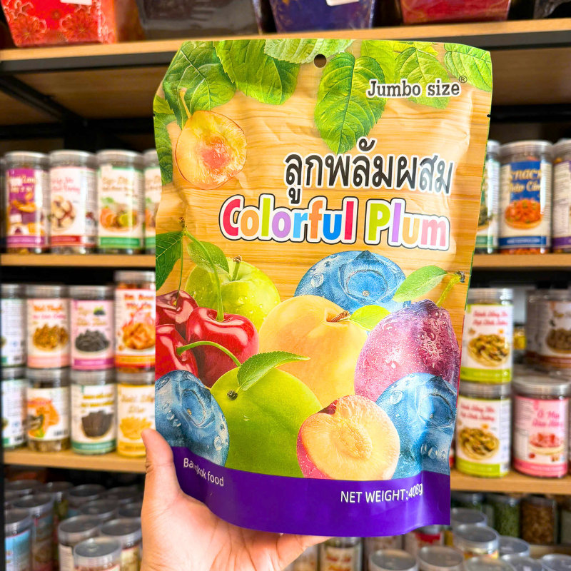 Mặt trước bao bì với tên Colorful Plum và khối lượng 408g