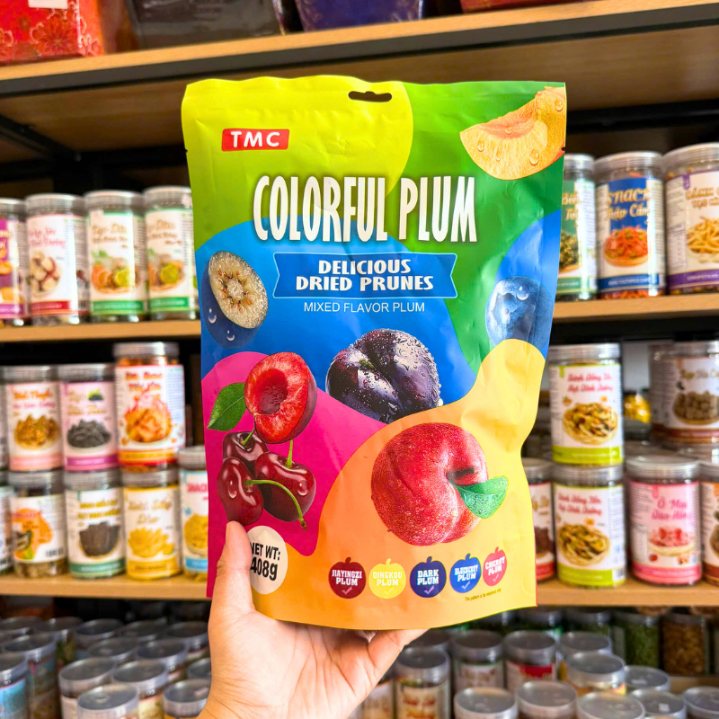 Mặt trước túi Colorful Plum với thông tin dòng sản phẩm và khối lượng 408g