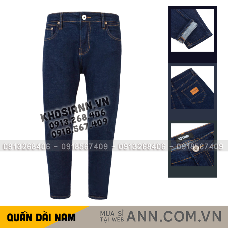 Tổng thể dáng quần jeans dài form skinny, tông màu tối và đường may nổi