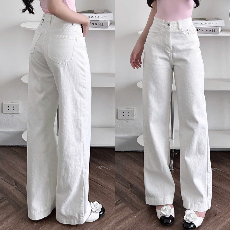 Dáng quần ống rộng màu trắng nhìn từ trước và sau