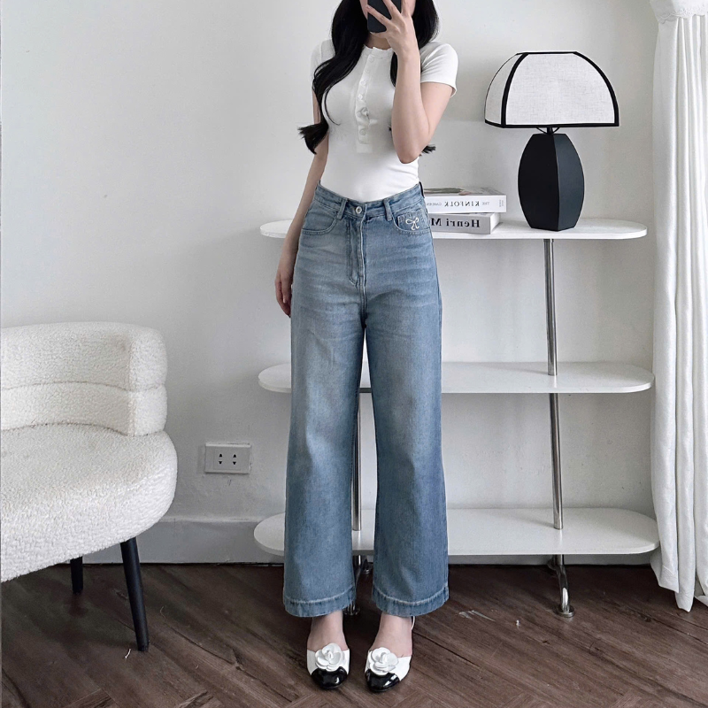 Quần jeans nữ ống rộng vải dày mềm không co giãn phối nơ túi quần