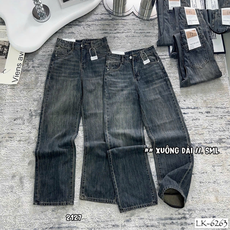 Quần Jeans Nữ Ống Suông Dài Vải Dày Mềm Không Co Giãn