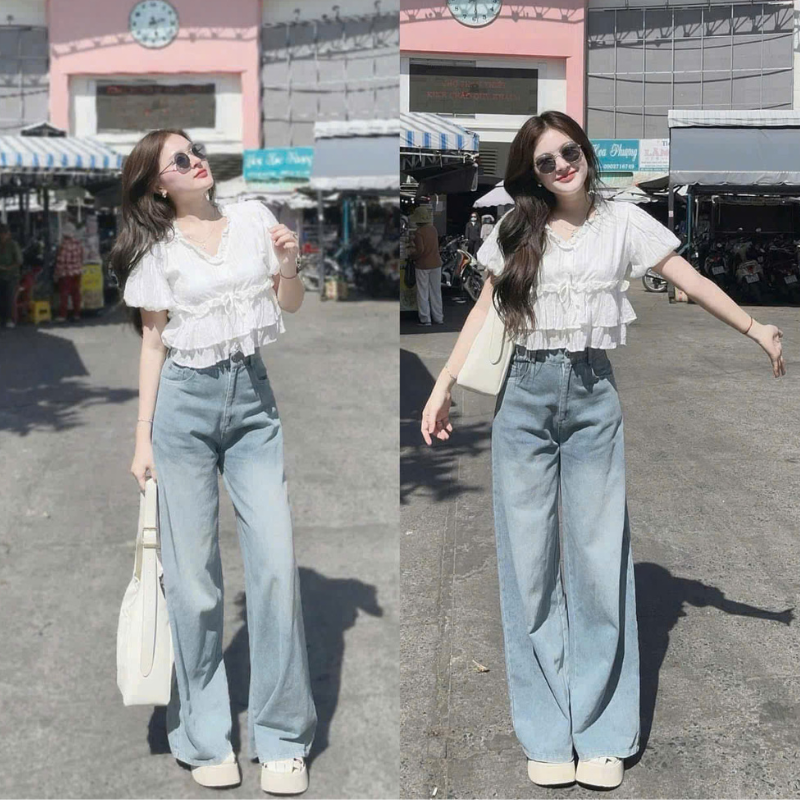 Quần Jeans Nữ Ống Suông Dài Vải Dày Mềm Không Co Giãn