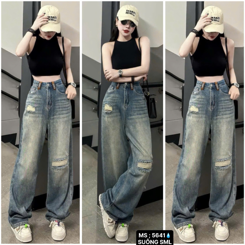 Quần Jeans Nữ Ống Suông Vải Dày Mềm Không Co Giãn 5641