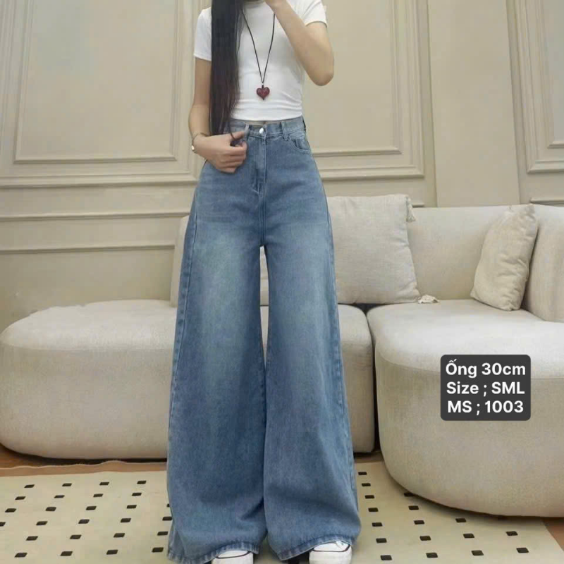 Quần Jeans Nữ Suông Loe Xanh Ống Rộng Vải Dày Mềm Không Co Giãn