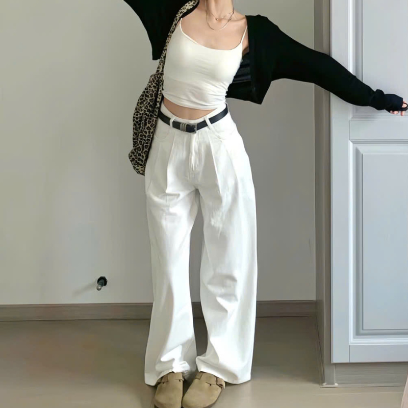 Quần Jeans Nữ Ống Rộng Dài Vải Dày Mềm Không Co Giãn - Mẫu Trắng Trơn