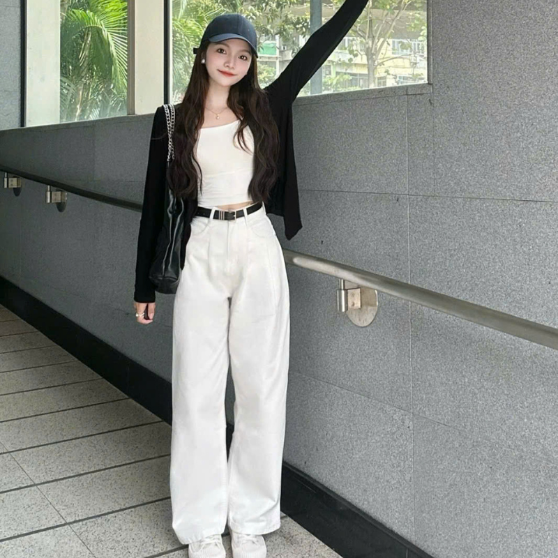 Quần Jeans Nữ Ống Rộng Dài Vải Dày Mềm Không Co Giãn - Mẫu Trắng Trơn