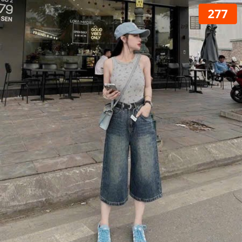 Quần short giả váy jean nữ thêu họa tiết kèm thắt lưng, vải dày mềm không co giãn
