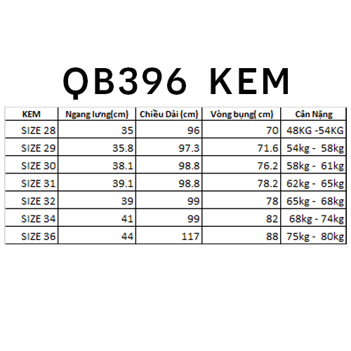 Bảng thông số size riêng cho phiên bản màu kem