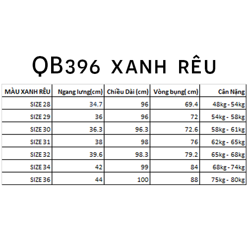 Bảng thông số size riêng cho màu xanh rêu