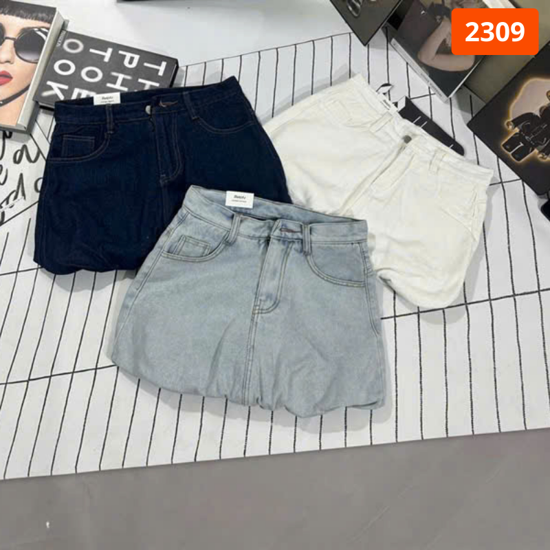 Quần short jean nữ thêu logo đứng form không co giãn