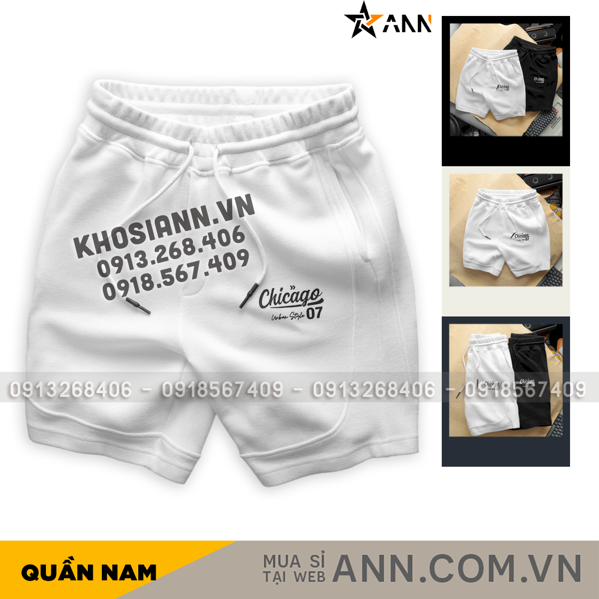Quần Short Thun Nam In Chữ Chicago Vải Cá Sấu Karo