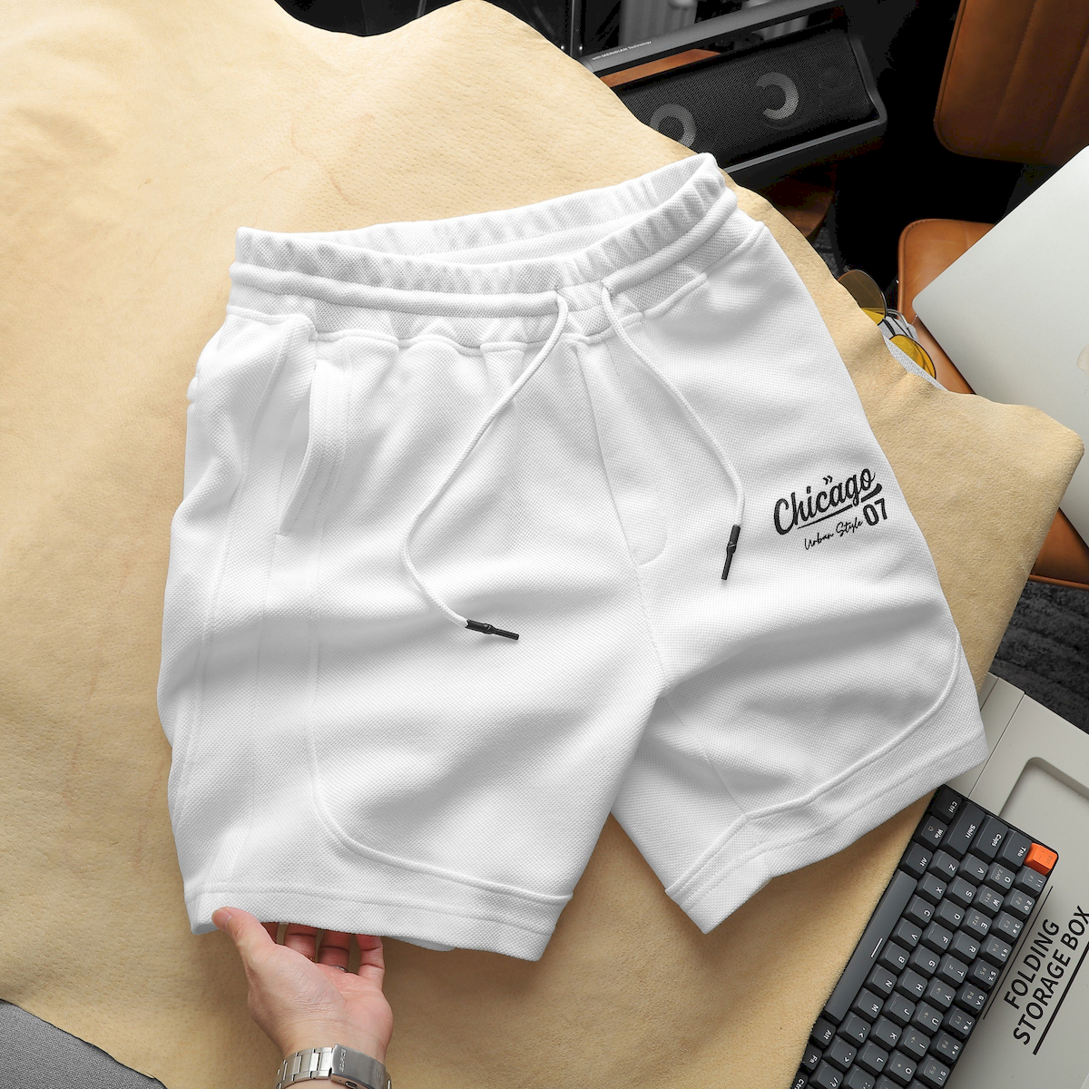 Quần Short Thun Nam In Chữ Chicago Vải Cá Sấu Karo