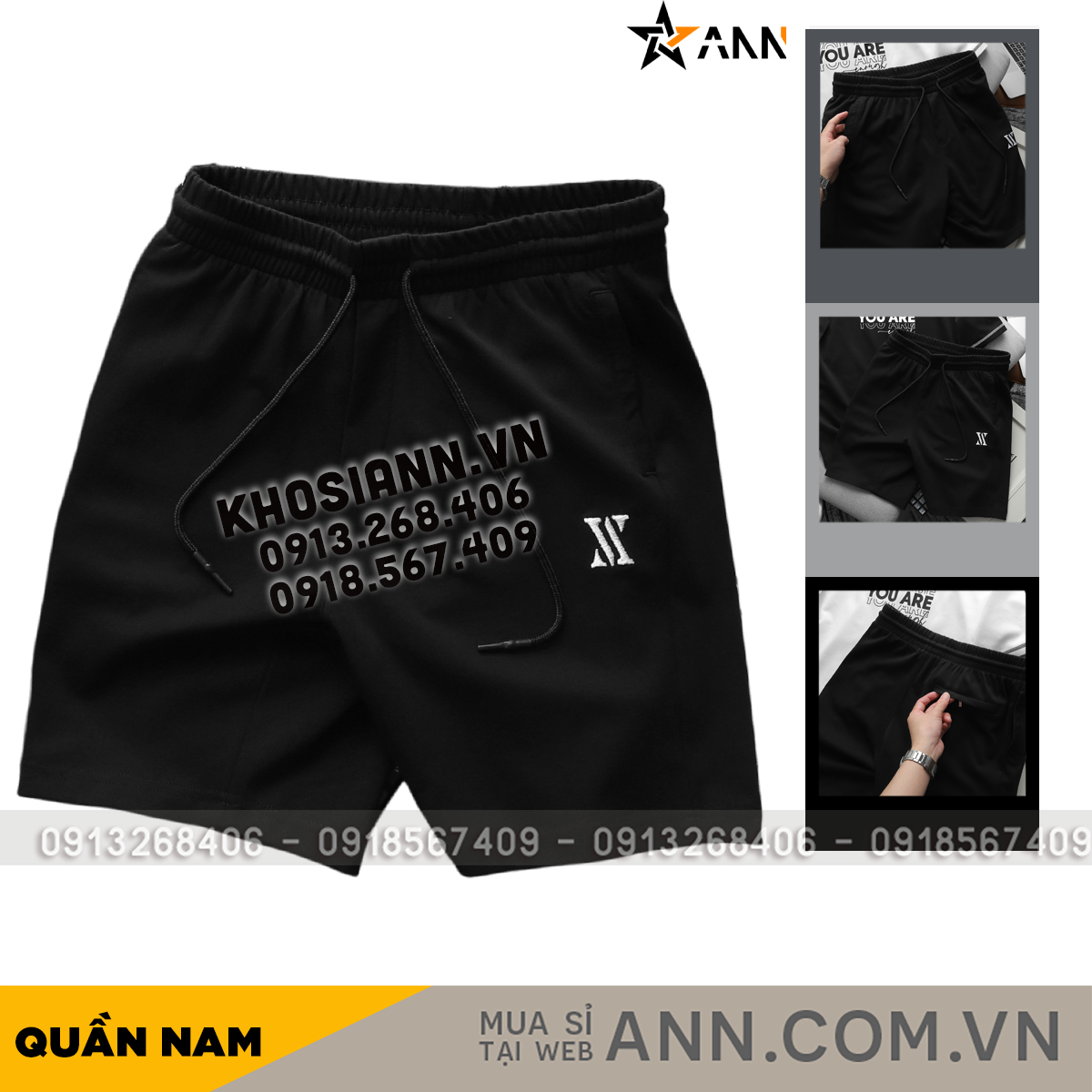 Tổng thể quần short màu đen, lưng thun kèm dây rút và logo chữ X thêu.