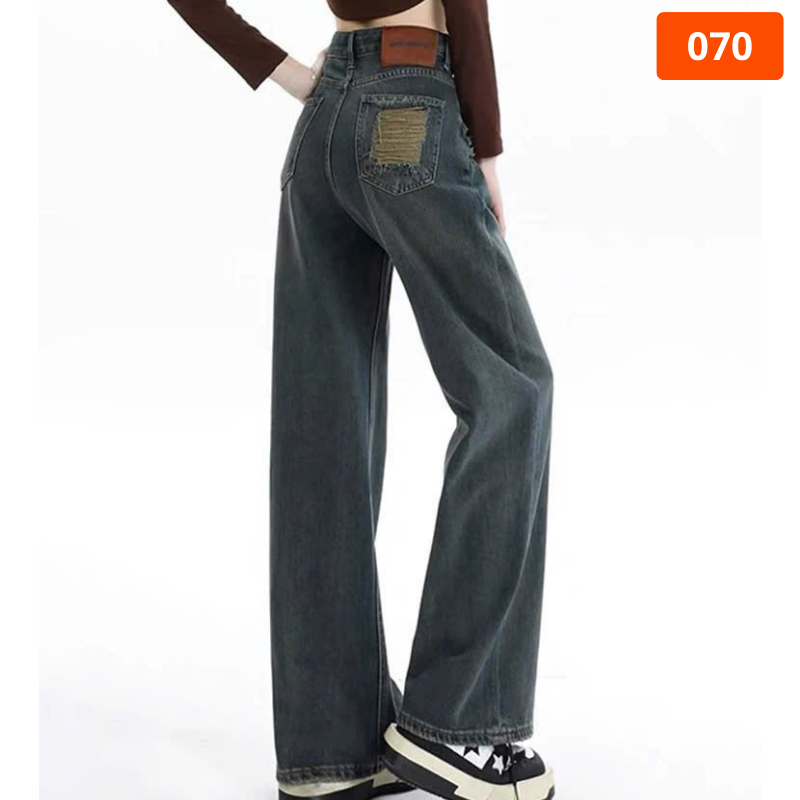 Quần jeans suông lở nữ rách túi vải dày mềm không co giãn