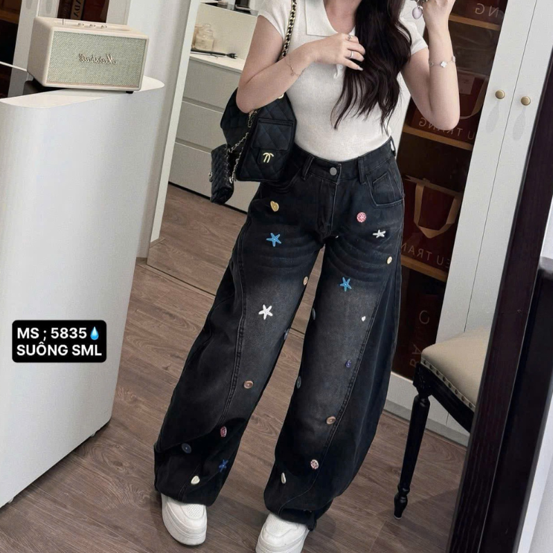 Quần thụng jeans nữ thêu ngôi sao vải dày mềm không co giãn