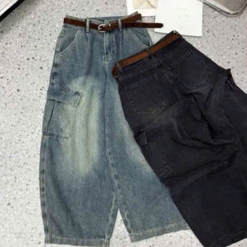 Quần Jeans Nữ Thụng Túi Hộp Vải Dày Mềm Không Co Giãn