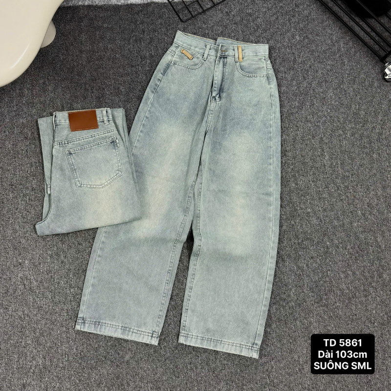 Quần Jeans Nữ Thụng Túi Hộp Vải Dày Mềm Không Co Giãn