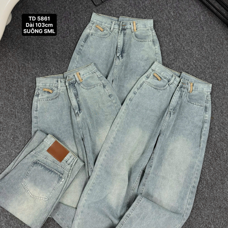 Quần Jeans Nữ Thụng Túi Hộp Vải Dày Mềm Không Co Giãn