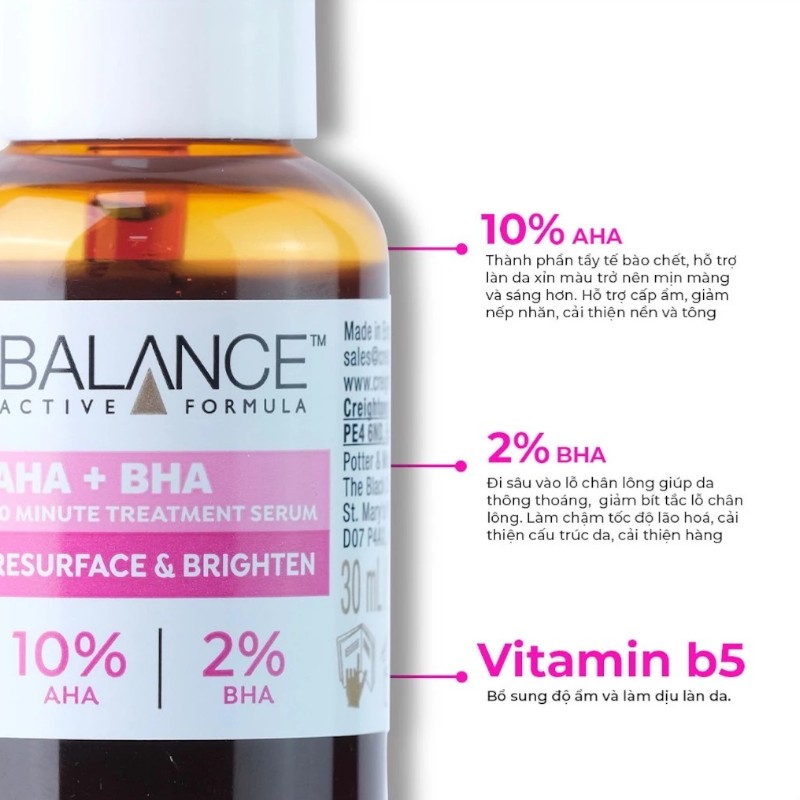 Thông tin nổi bật về 10% AHA, 2% BHA và Vitamin B5