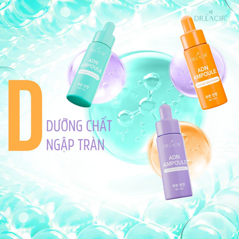 Ba chai ampoule Dr.LACIR trên nền bọt nước, chữ “Dưỡng chất ngập tràn”