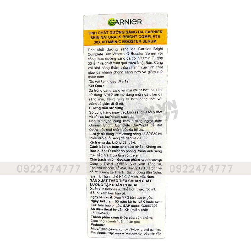 Tem phụ với hướng dẫn sử dụng và thông tin sản phẩm