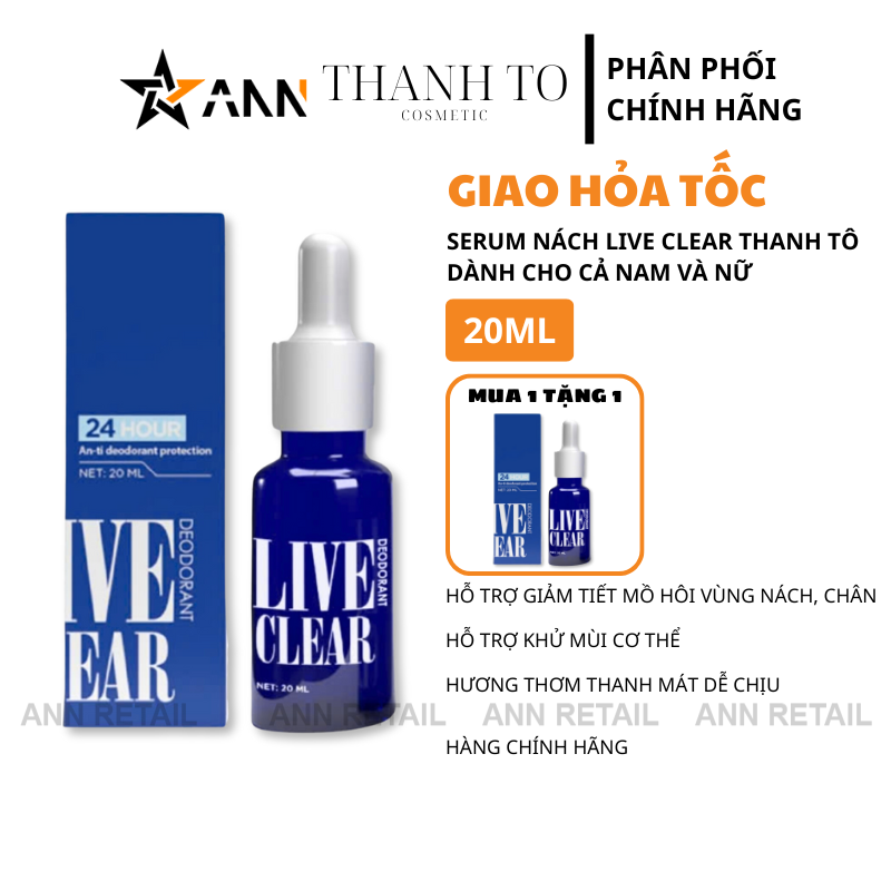 Hình ảnh sản phẩm và hộp Live Clear 20ml