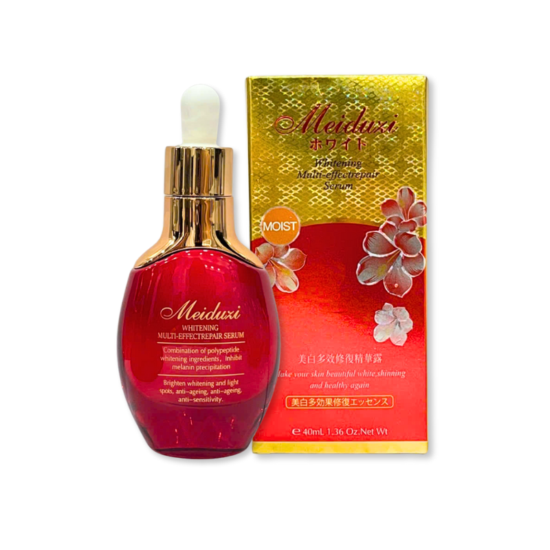 Chai đỏ đầu nhỏ giọt đặt cạnh hộp vàng đỏ có chữ Whitening Serum